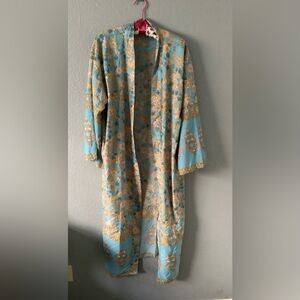 Cost Plus World Market Light Blue and Gold Floral Open-Front Kimono